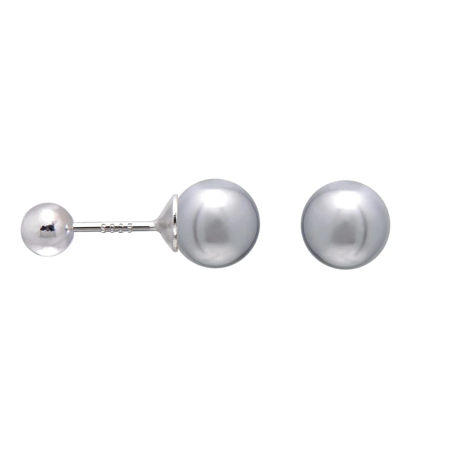 925 Sterling Silver Faux Pearl Studs Earrings Screw Ball Backs, 6mm / Gray
