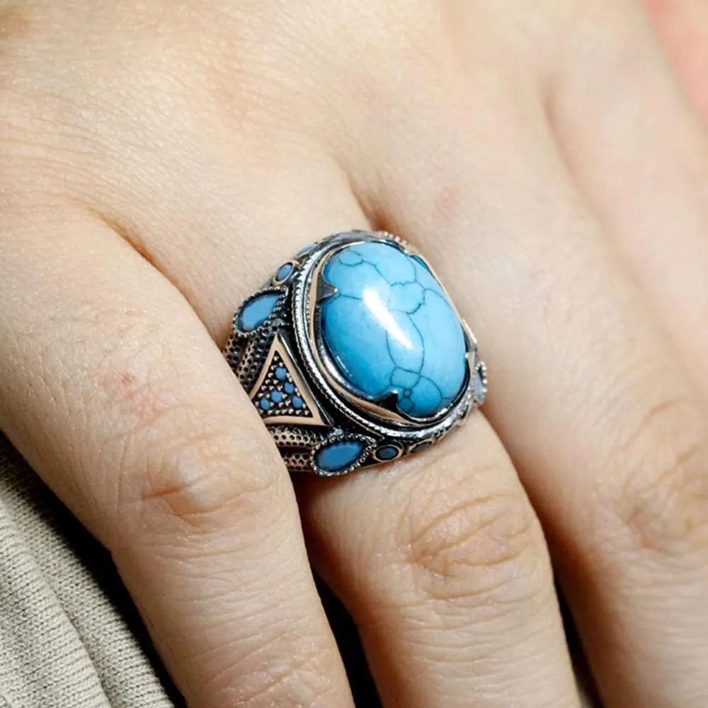925 Sterling Silver Men's Ring Set with Natural Agate Gemstone Big Stone Ring Turkish Vintage Style Jewelry for Everyday Wear