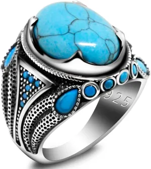 925 Sterling Silver Men's Ring Set with Natural Agate Gemstone Big Stone Ring Turkish Vintage Style Jewelry for Everyday Wear