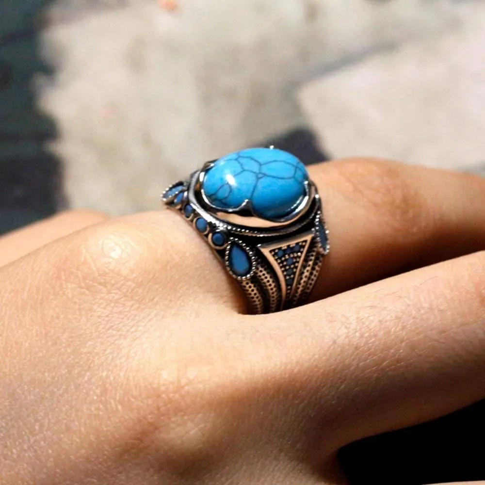925 Sterling Silver Men's Ring Set with Natural Agate Gemstone Big Stone Ring Turkish Vintage Style Jewelry for Everyday Wear