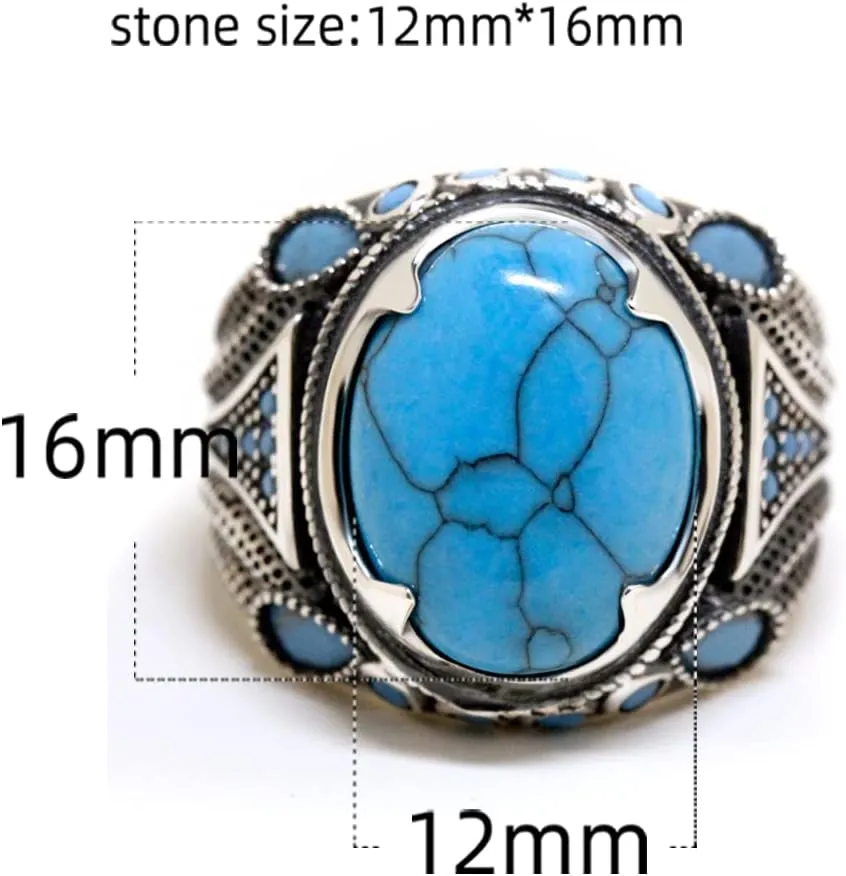 925 Sterling Silver Men's Ring Set with Natural Agate Gemstone Big Stone Ring Turkish Vintage Style Jewelry for Everyday Wear