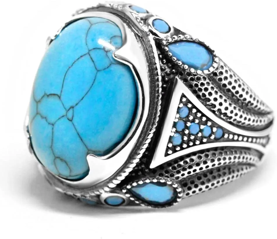 925 Sterling Silver Men's Ring Set with Natural Agate Gemstone Big Stone Ring Turkish Vintage Style Jewelry for Everyday Wear
