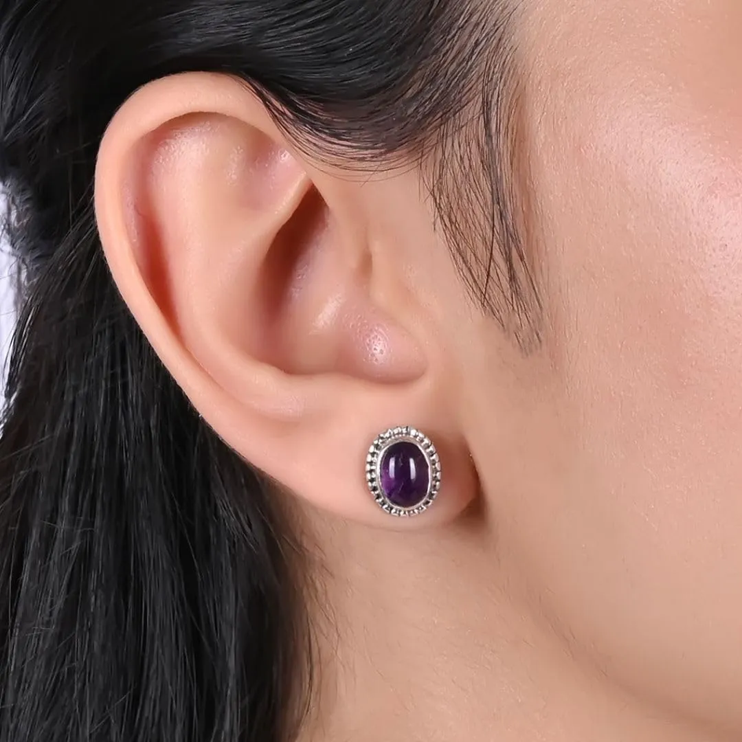 925 Sterling Silver Purple Amethyst Oxidised Stud Earrings February Birthstone Crystal Jewelry Handmade Gemstone Jewelry for Womens