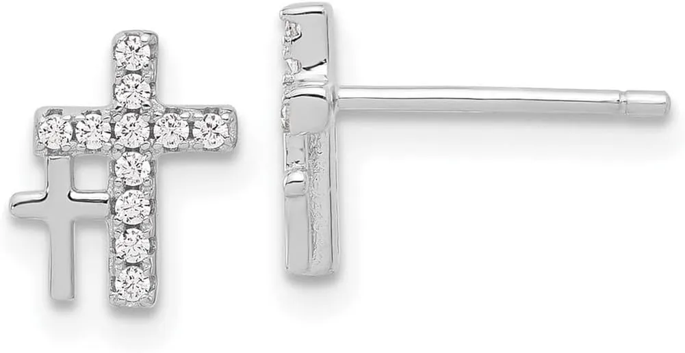 925 Sterling Silver Rhodium Plated CZ Simulated Diamond Double Religious Faith Cross Post Earrings 8.75x7.25mm Wide Stud Earring for Women