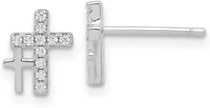 925 Sterling Silver Rhodium Plated CZ Simulated Diamond Double Religious Faith Cross Post Earrings 8.75x7.25mm Wide Stud Earring for Women
