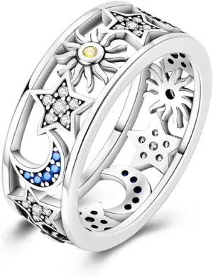 925 Sterling Silver Ring Moon Star Ring as Gifts for Women Colorful Cubic Zirconia Crown Ring Stackable Vintage Set Size 6-9