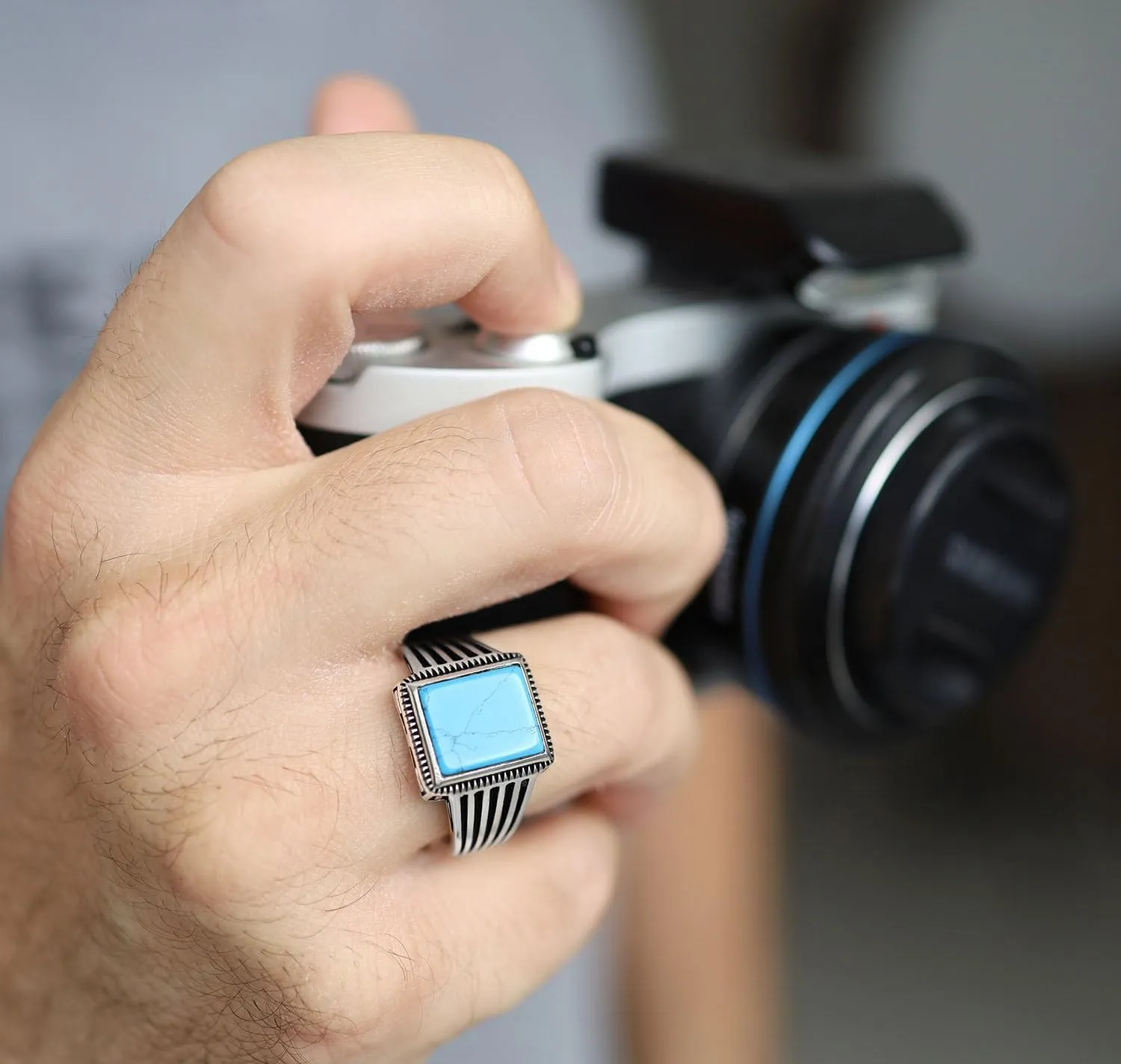 925 Sterling Silver Rings for Men - Striped Mens Sterling Silver Ring with Onyx, Turquoise or Blue CZ Stone options, Anillos Para Hombre