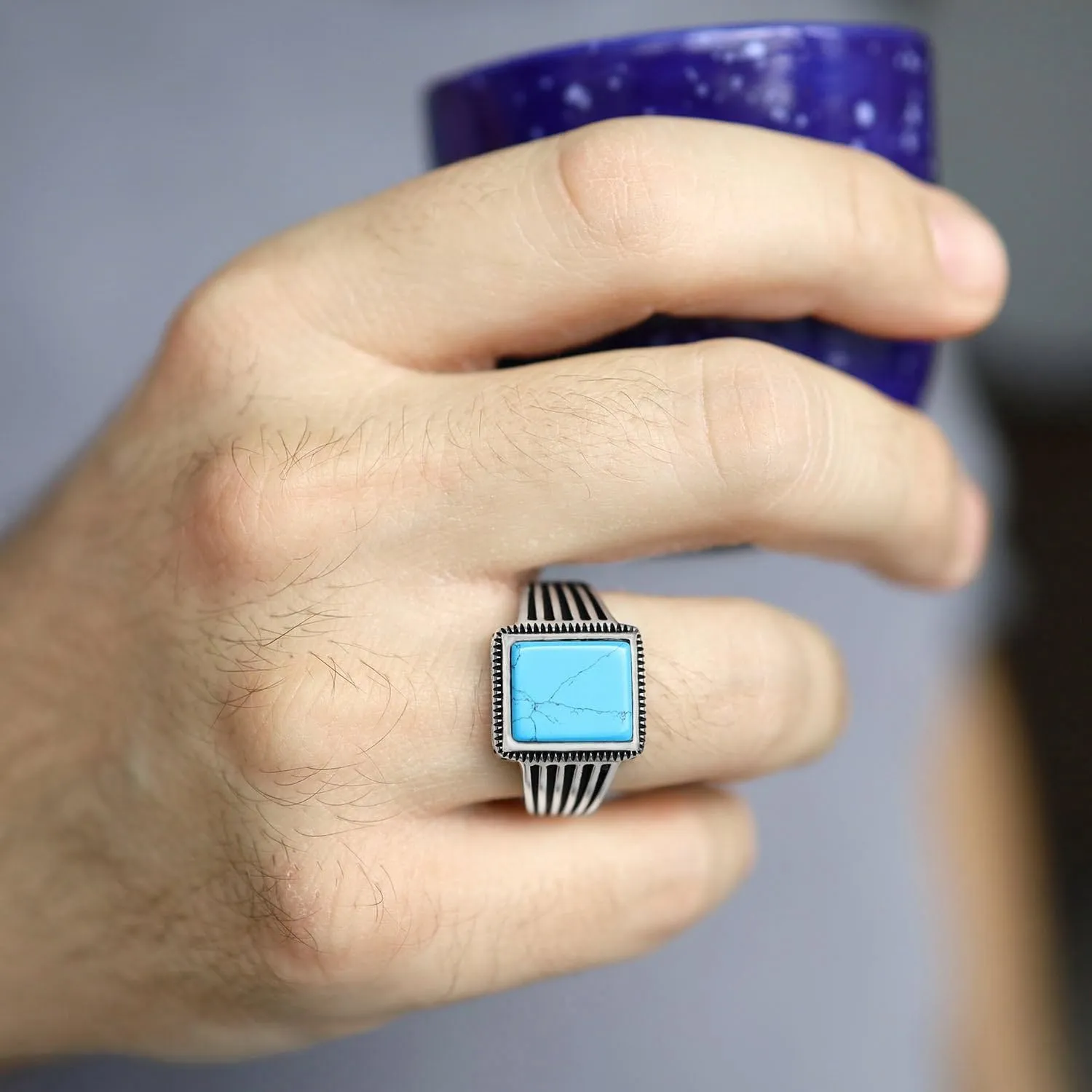 925 Sterling Silver Rings for Men - Striped Mens Sterling Silver Ring with Onyx, Turquoise or Blue CZ Stone options, Anillos Para Hombre