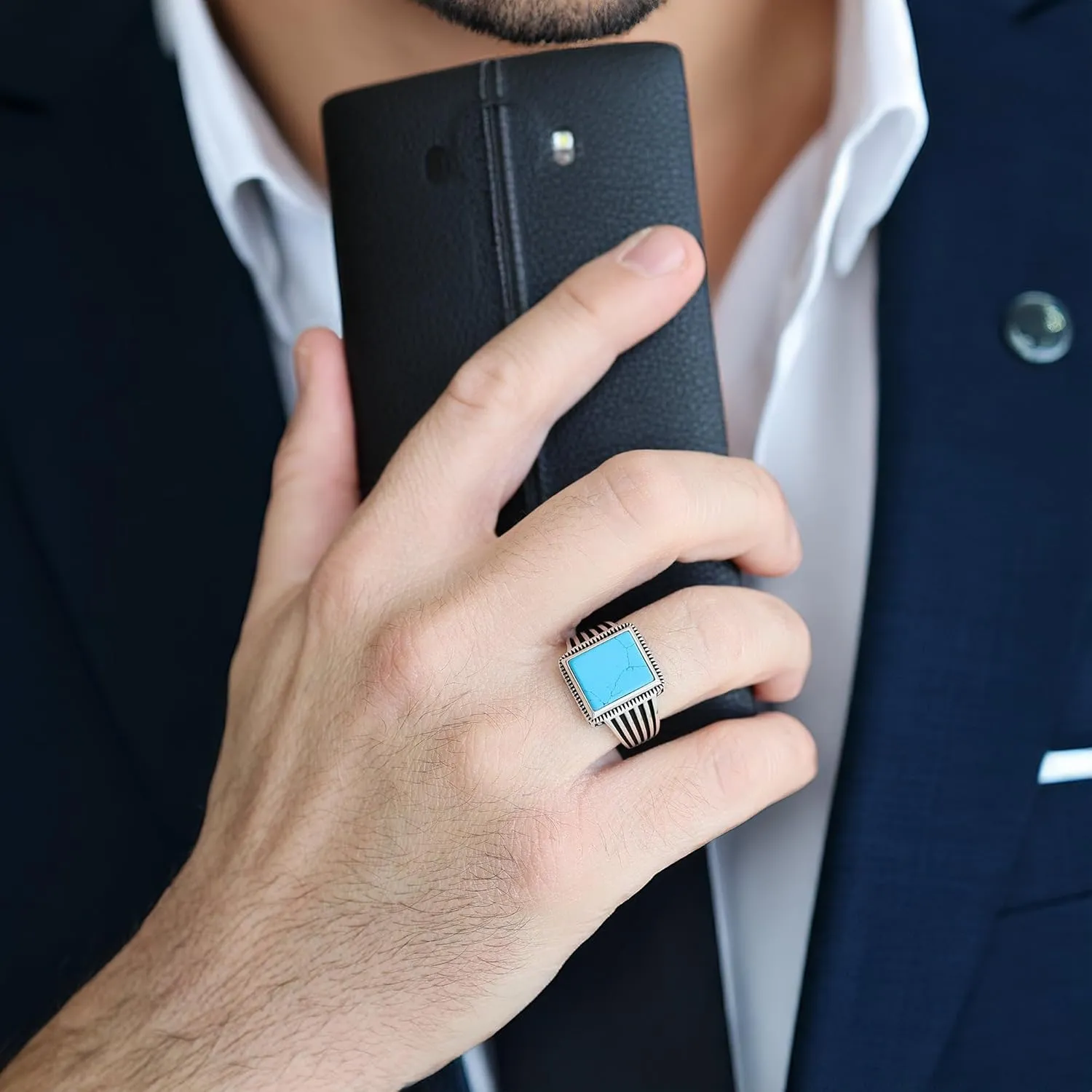 925 Sterling Silver Rings for Men - Striped Mens Sterling Silver Ring with Onyx, Turquoise or Blue CZ Stone options, Anillos Para Hombre