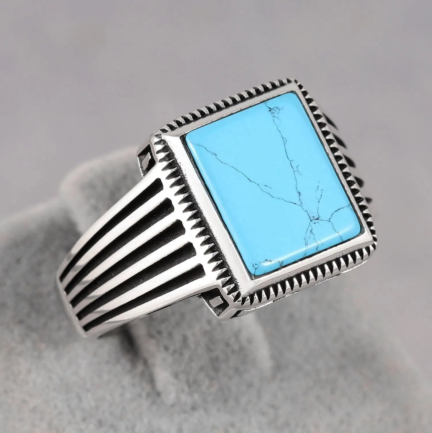 925 Sterling Silver Rings for Men - Striped Mens Sterling Silver Ring with Onyx, Turquoise or Blue CZ Stone options, Anillos Para Hombre