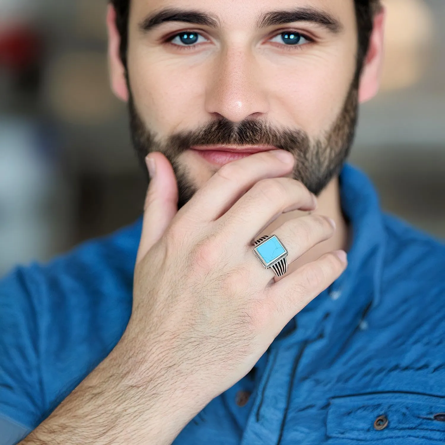 925 Sterling Silver Rings for Men - Striped Mens Sterling Silver Ring with Onyx, Turquoise or Blue CZ Stone options, Anillos Para Hombre