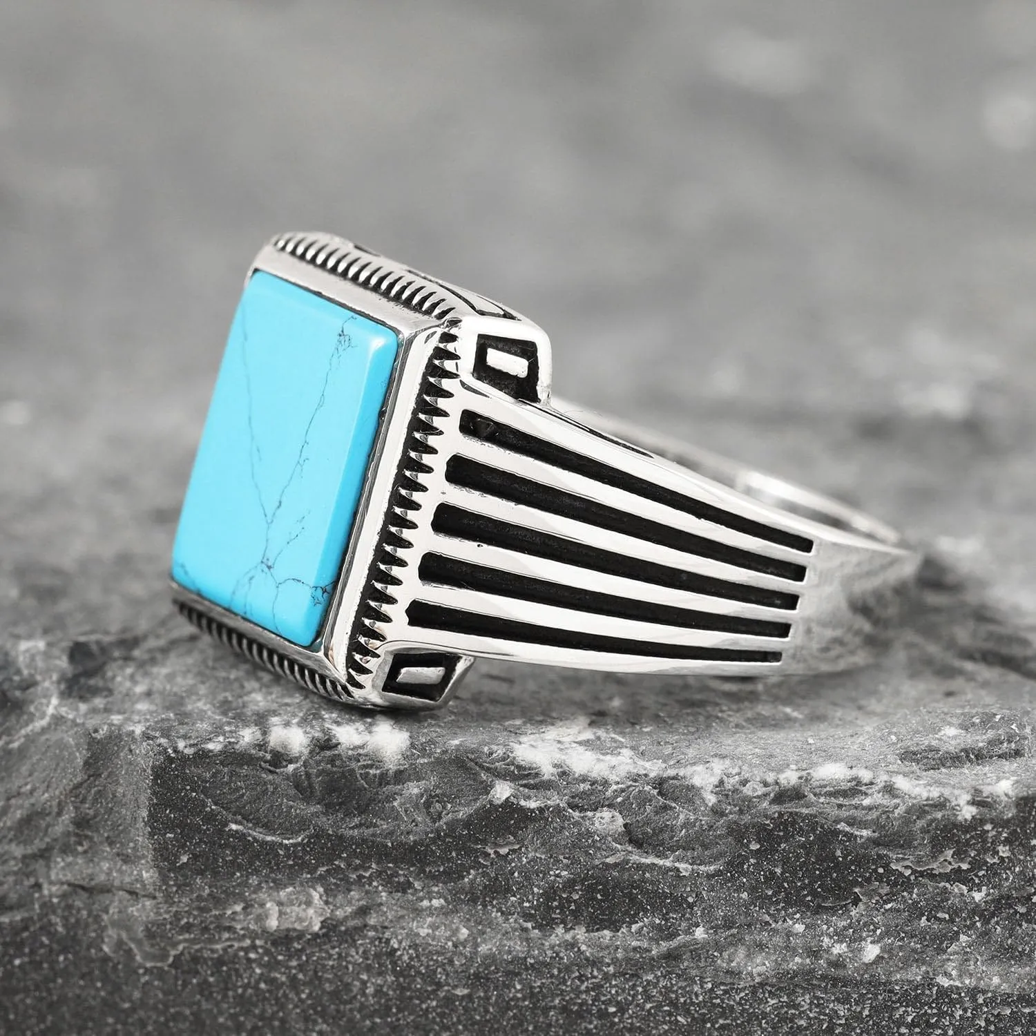 925 Sterling Silver Rings for Men - Striped Mens Sterling Silver Ring with Onyx, Turquoise or Blue CZ Stone options, Anillos Para Hombre