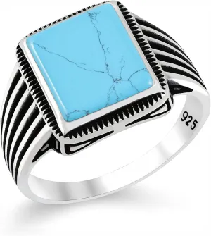925 Sterling Silver Rings for Men - Striped Mens Sterling Silver Ring with Onyx, Turquoise or Blue CZ Stone options, Anillos Para Hombre