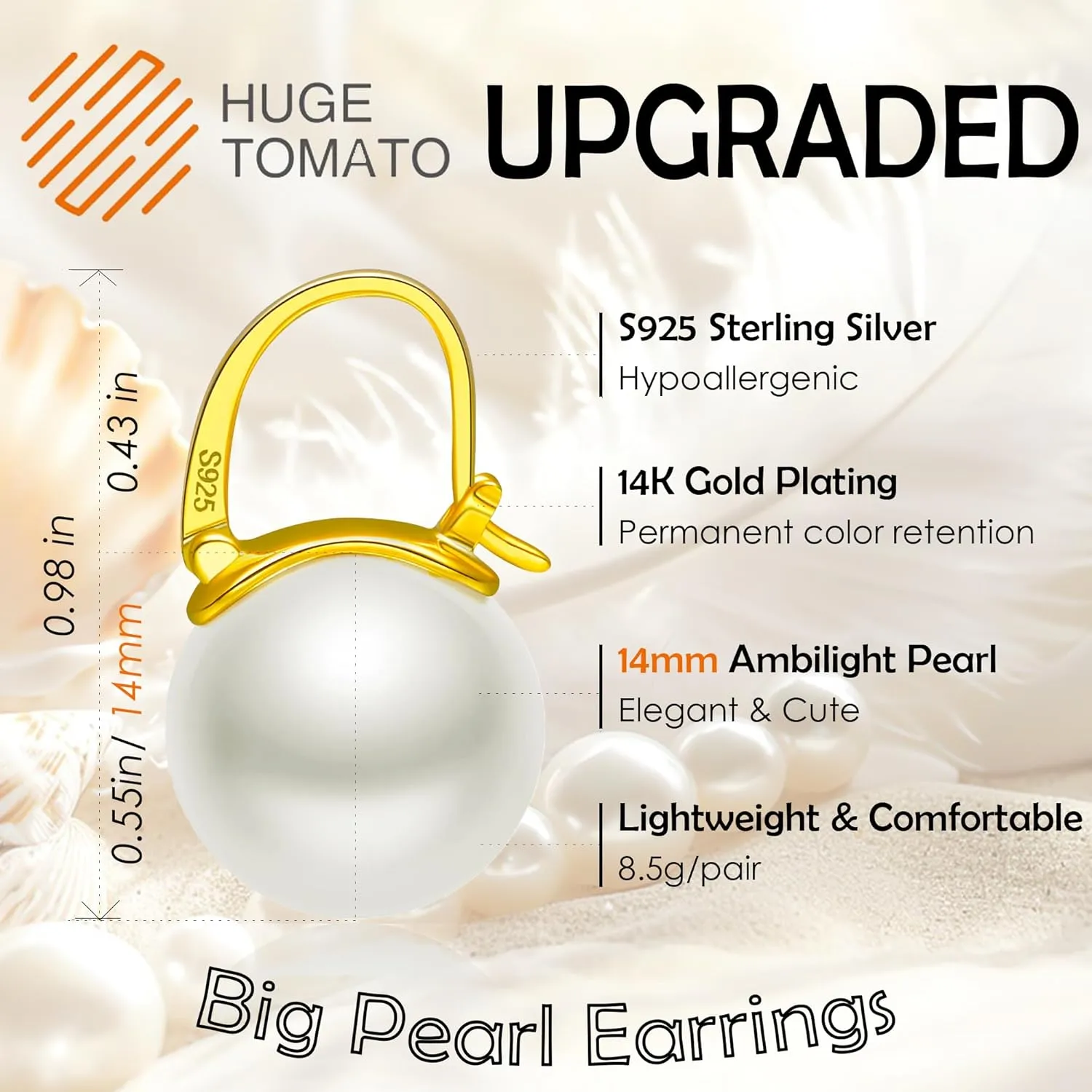 925 Sterling Silver Simulated Shell Pearl Earrings for Women Trendy, Big Pearl Drop Earrings Leverback Stud,14K Gold Plated Large Pearl Hoop Dangle Hypoallergenic Jewelry 14mm