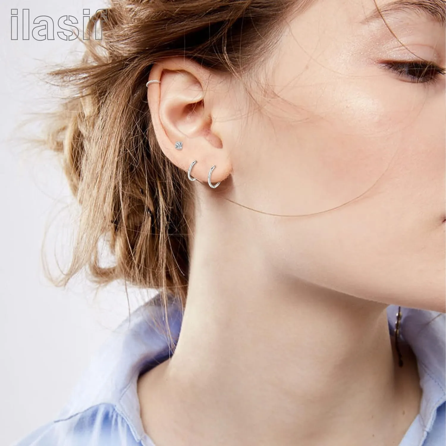 925 Sterling Silver Small Hoop Earrings Set - 14K White Gold Plated Silver Hoop Earrings | Tiny Endless Huggie Hoop Earring Cartilage Earrings for Women