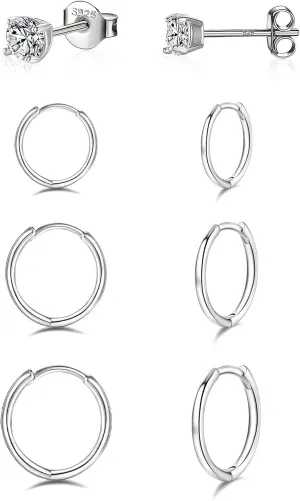 925 Sterling Silver Small Hoop Earrings Set - 14K White Gold Plated Silver Hoop Earrings | Tiny Endless Huggie Hoop Earring Cartilage Earrings for Women
