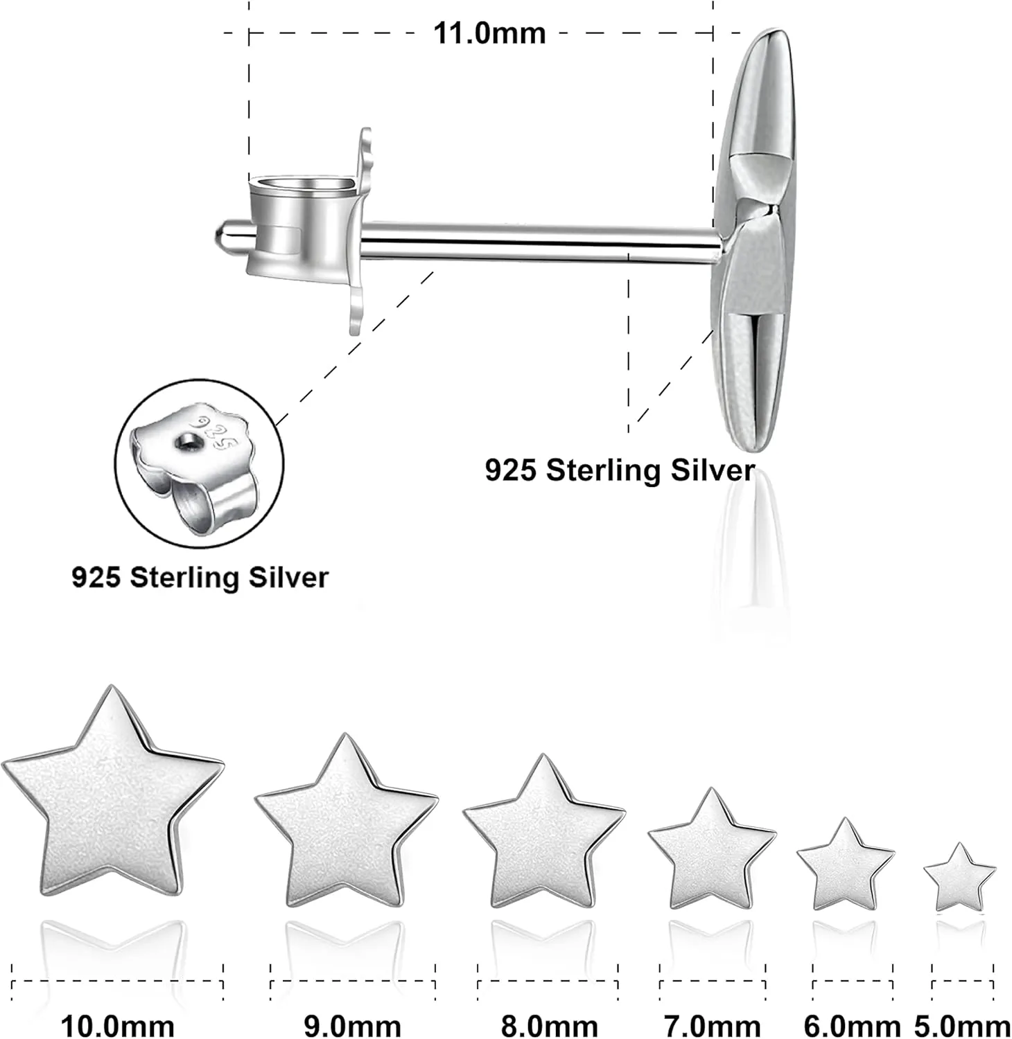 925 Sterling Silver Star Stud Earrings 5mm-10mm Options, Stars Studs Brushed Finish Design Hypoallergenic Jewelry