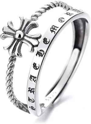 925 Sterling Silver Twisted Cross Open Double Rings for Women,Adjustable Oxidized Vintage Cross Faith Rings,Religious Jewelry Gift for Graduation Birthday Anniversary