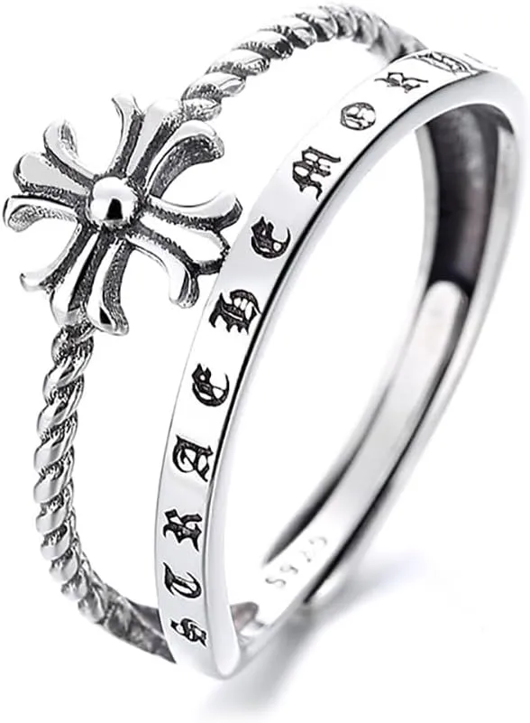 925 Sterling Silver Twisted Cross Open Double Rings for Women,Adjustable Oxidized Vintage Cross Faith Rings,Religious Jewelry Gift for Graduation Birthday Anniversary