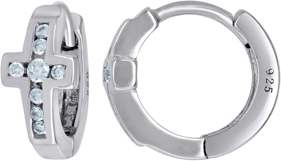 925 Sterling Silver Womens CZ Cubic Zirconia Simulated Diamond Religious Faith Cross Hoop Earrings 10.8x5.7mm Wide - Jewelry Gift for Mom