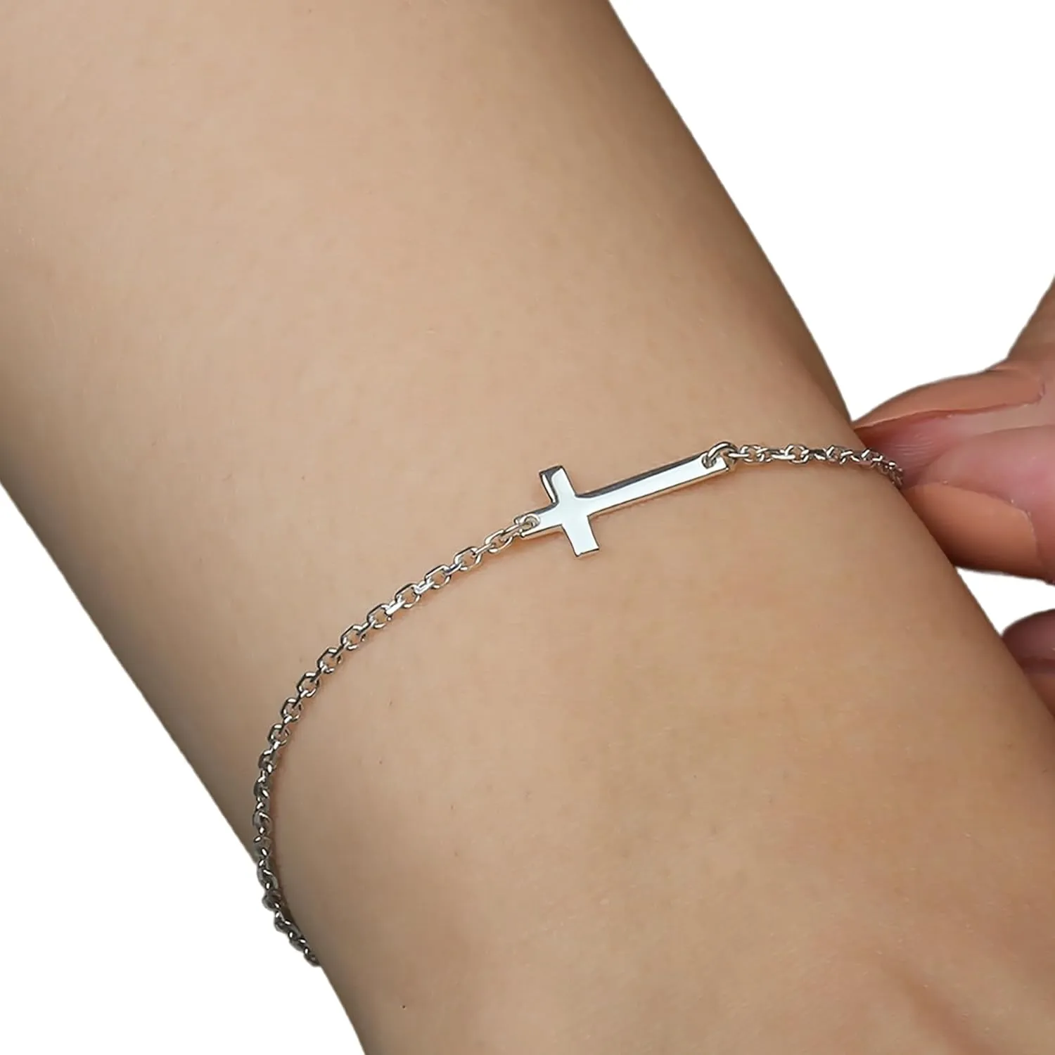 925k Sterling Silver Cross Bracelet | Handmade Sideways Celebrity Gold Cross | Dainty Religious Faith Jewelry for Women and Girls