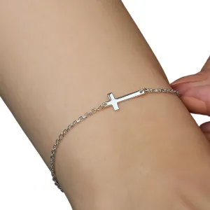 925k Sterling Silver Cross Bracelet | Handmade Sideways Celebrity Gold Cross | Dainty Religious Faith Jewelry for Women and Girls