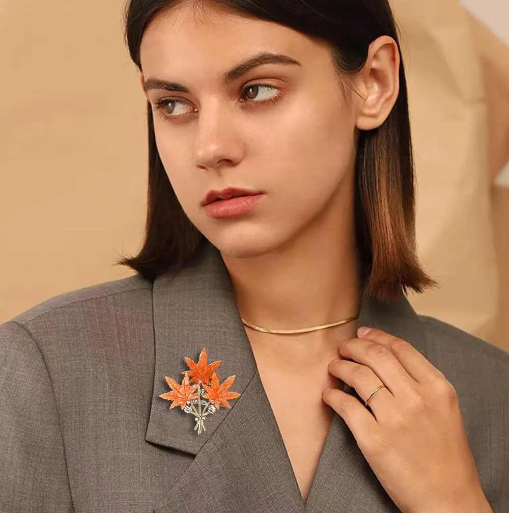 Acrylic Maple Leaf Lapel Brooch Pin Thanksgiving Fall Leaves Bouquet Rhinestone Crystal Pins Clip Sweater Hat Scarves Dress Suit Jacket Badges Brooches Vintage Jewelry Gifts for Women Mom Wife