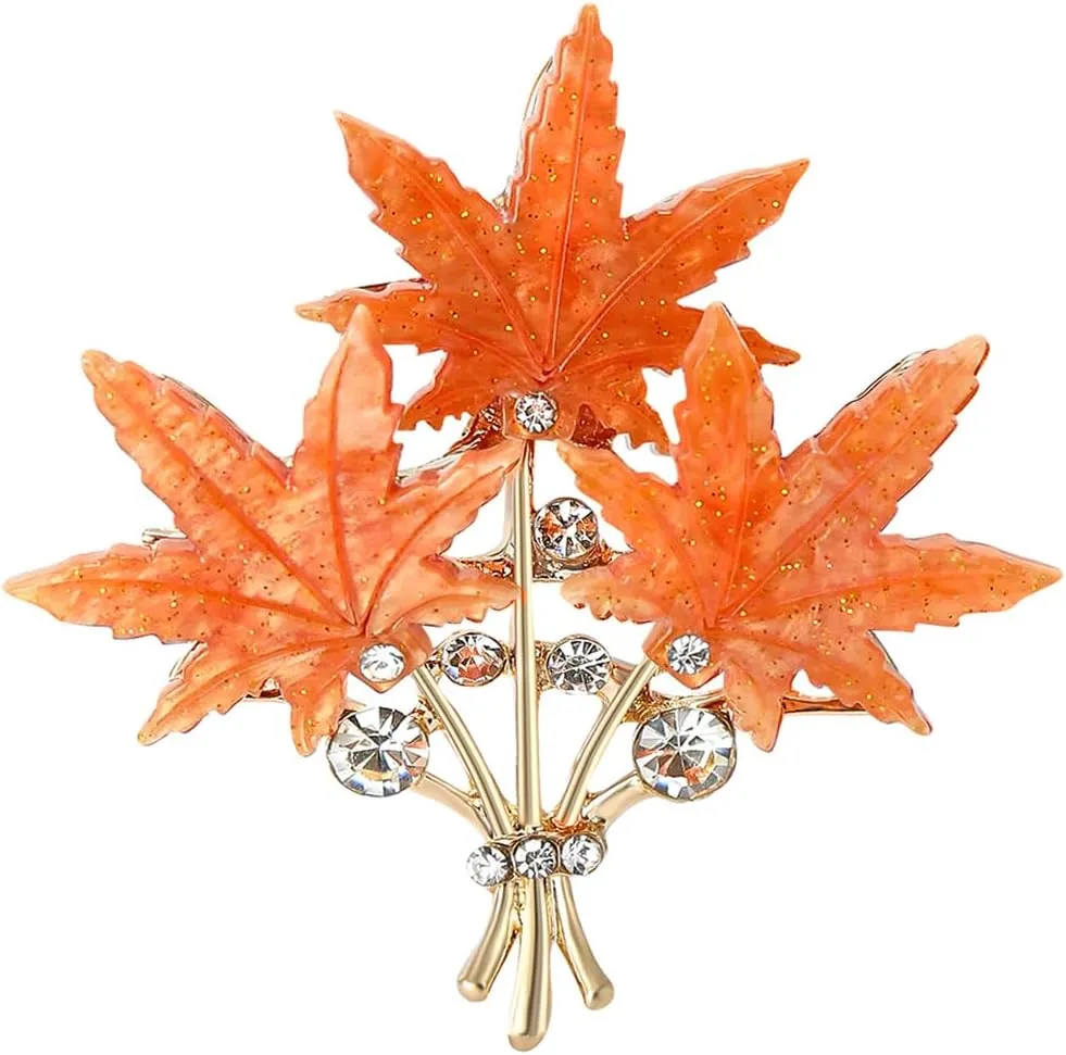 Acrylic Maple Leaf Lapel Brooch Pin Thanksgiving Fall Leaves Bouquet Rhinestone Crystal Pins Clip Sweater Hat Scarves Dress Suit Jacket Badges Brooches Vintage Jewelry Gifts for Women Mom Wife