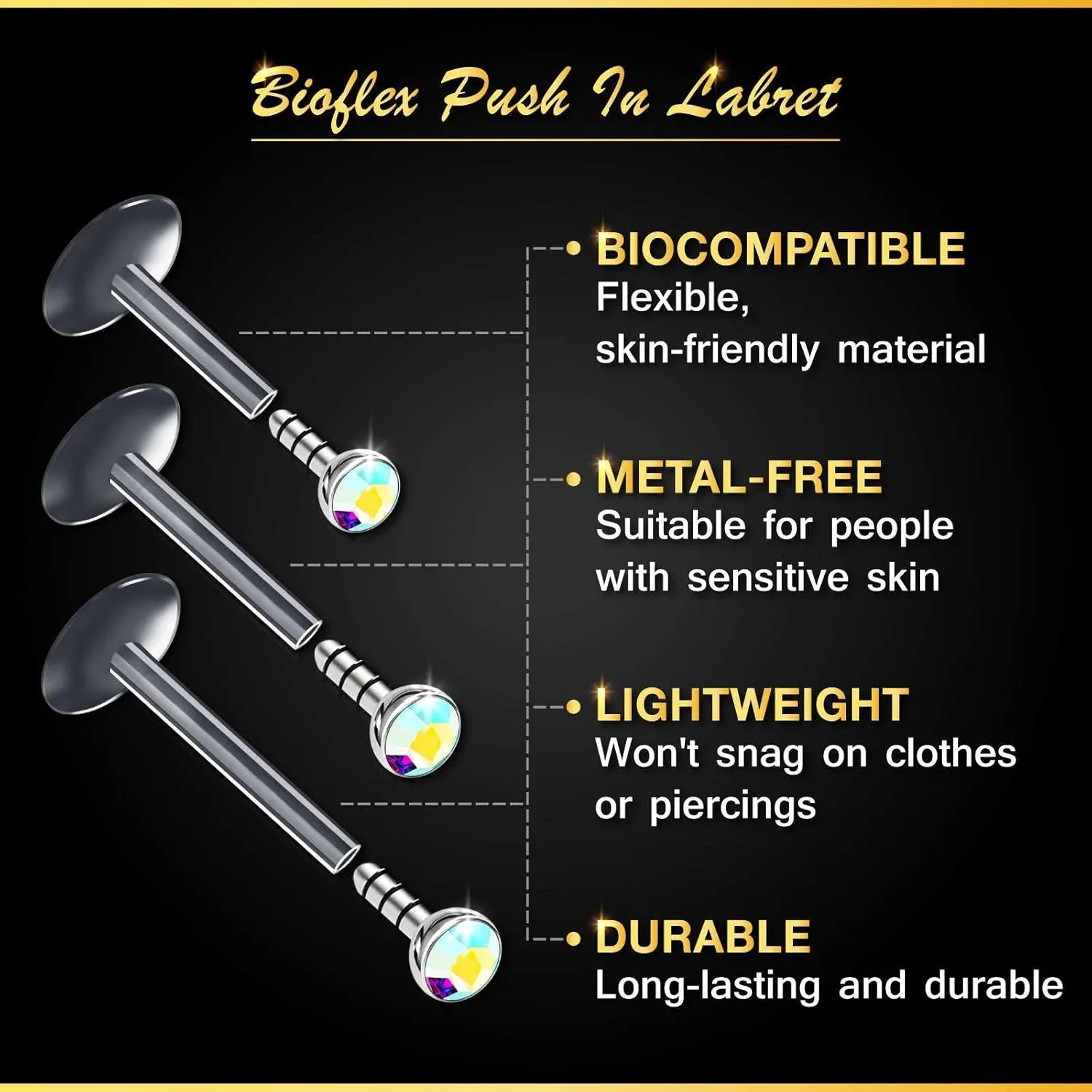 Acrylic Push In Lip Rings 16 gauge 1/4 6mm 2mm Crystal Vertical Labret Earrings Labret Nose Piercing Jewelry See More Colors