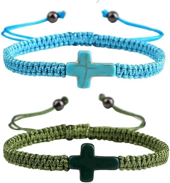 Adjustable String Woven Braided Rope Cross Bracelet Set for Women Men 2Pcs Religious Christian Pray Bracelets for Church Family Party Wristband Gift