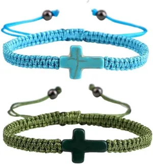 Adjustable String Woven Braided Rope Cross Bracelet Set for Women Men 2Pcs Religious Christian Pray Bracelets for Church Family Party Wristband Gift