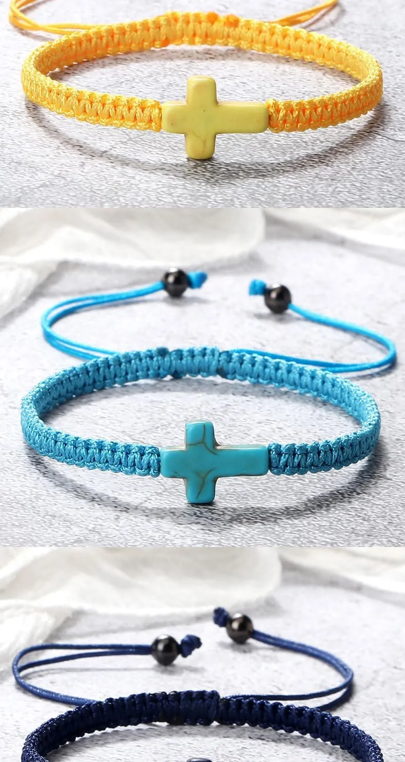 Adjustable String Woven Braided Rope Cross Bracelet Set for Women Men 2Pcs Religious Christian Pray Bracelets for Church Family Party Wristband Gift