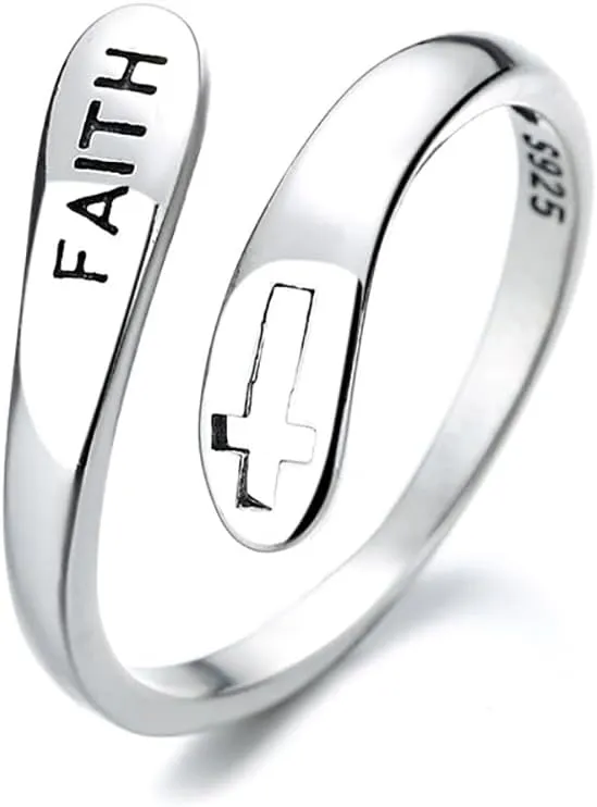 Adjustable Unisex's 925 Sterling Silver Cross Ring,Religious Jewelry Gift for Her Inspiration Christian Ring Faith Hope Love Cross Ring,Popular Hip Hop Punk Style