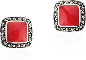 AeraVida Vintage Reconstructed Red Coral Square Marcasite Style Pyrite Frame .925 Sterling Silver Post Stud Earrings