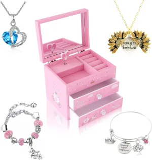 Agitation Unicorn Princess Wooden Musical Jewelry with Matching Jewelry Set, Unicorn Gifts(A-Pink Princess2)