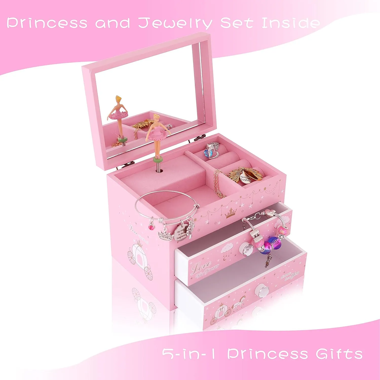 Agitation Unicorn Princess Wooden Musical Jewelry with Matching Jewelry Set, Unicorn Gifts(A-Pink Princess2)