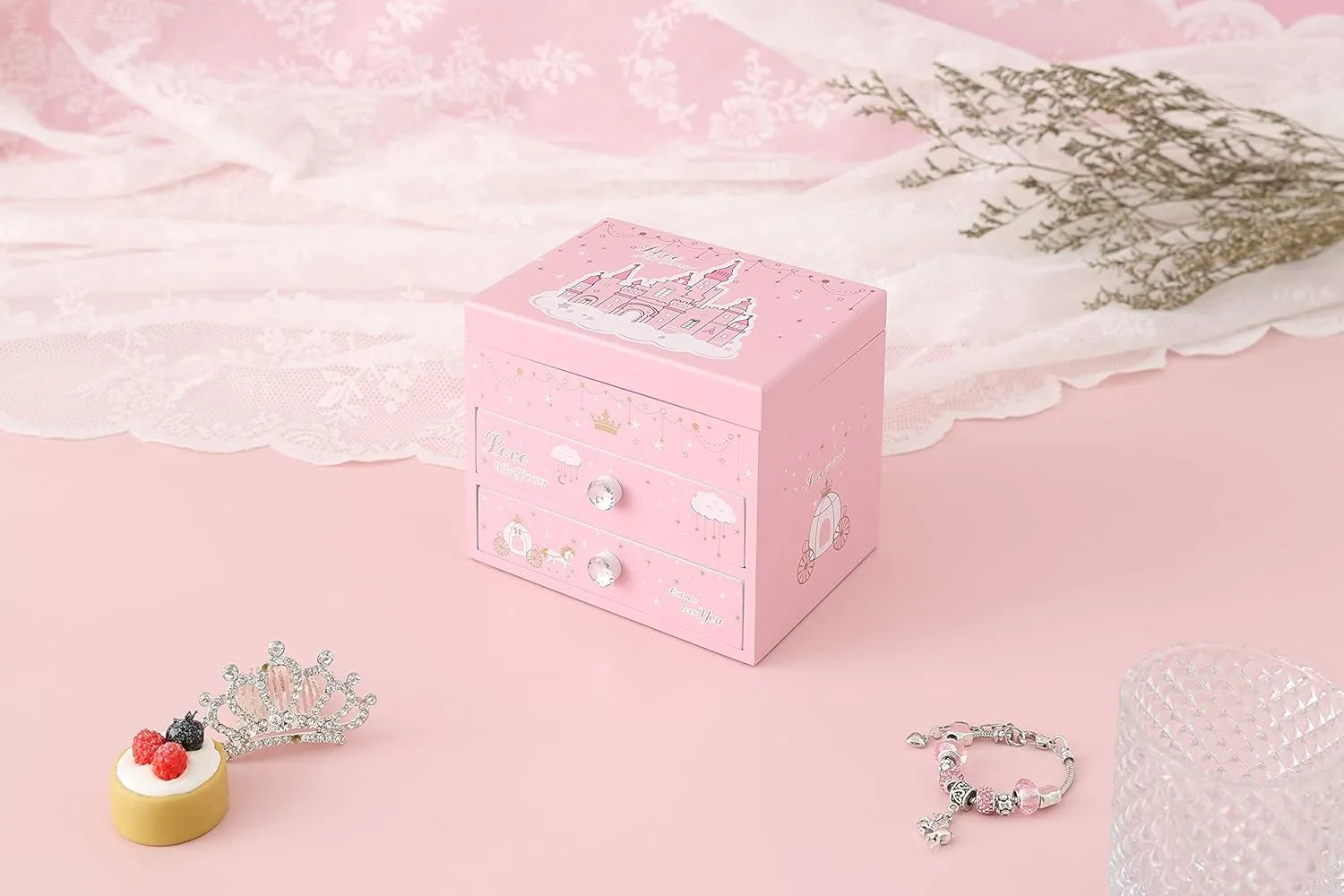 Agitation Unicorn Princess Wooden Musical Jewelry with Matching Jewelry Set, Unicorn Gifts(A-Pink Princess2)