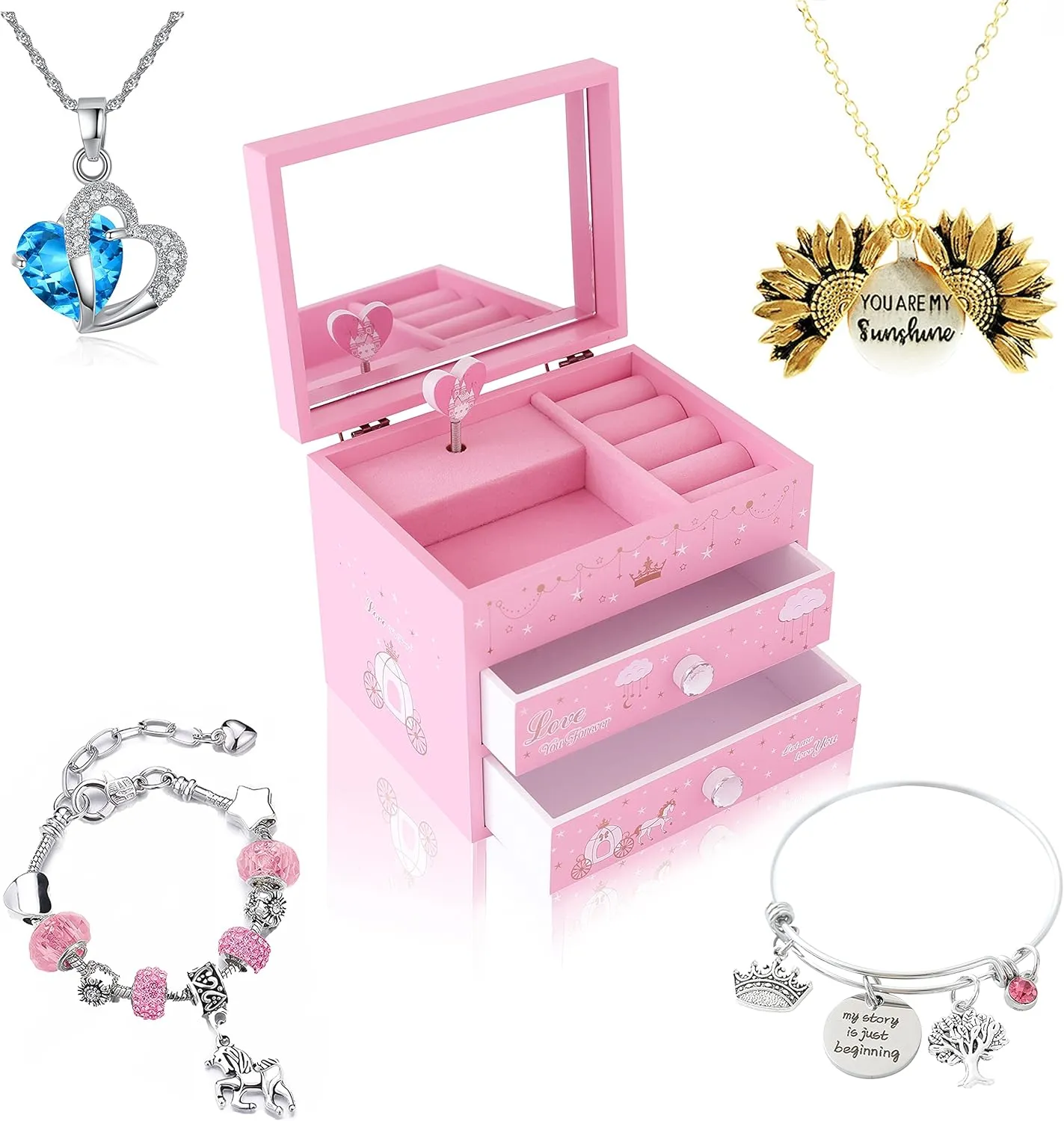 Agitation Unicorn Princess Wooden Musical Jewelry with Matching Jewelry Set, Unicorn Gifts(A-Pink Princess2)