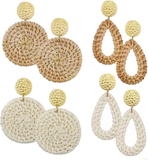 AIDSOTOU Rattan Earrings for Women Lightweight Geometric Statement Earrings Handmade Straw Wicker Braid Teardrop Hoop Drop Dangle Earrings 4 Pairs
