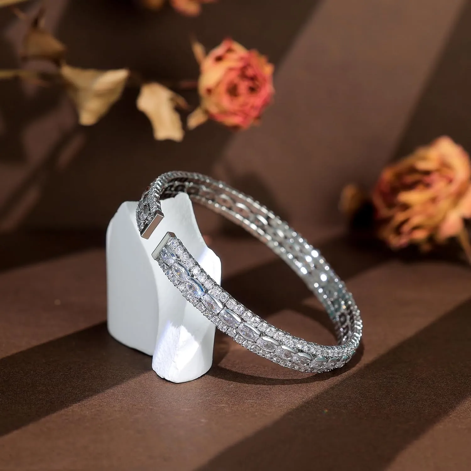AiliFe Cubic Zirconia Cuff Bracelet for Women and Teenager, 3 Row Rhinestone Bracelet | Open CZ Diamond Bangle