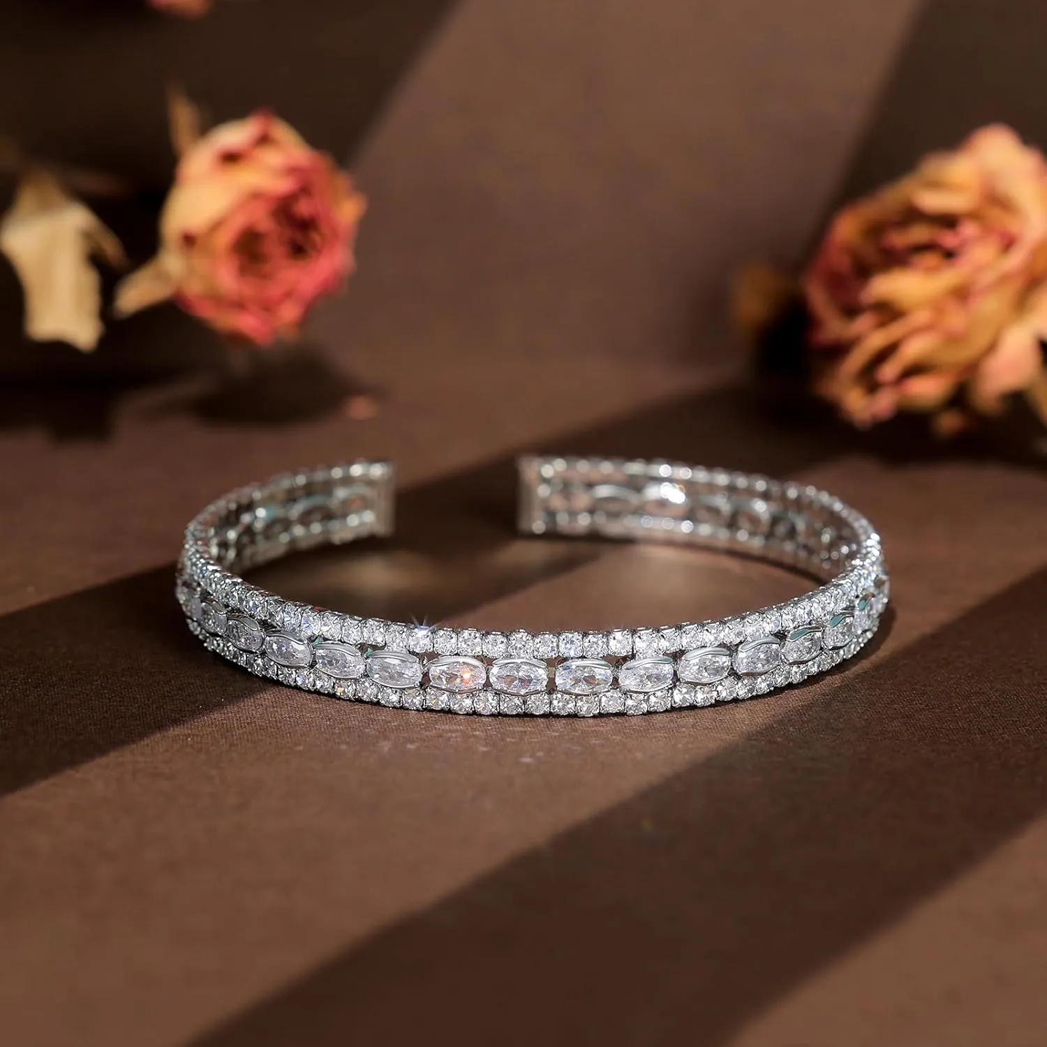 AiliFe Cubic Zirconia Cuff Bracelet for Women and Teenager, 3 Row Rhinestone Bracelet | Open CZ Diamond Bangle