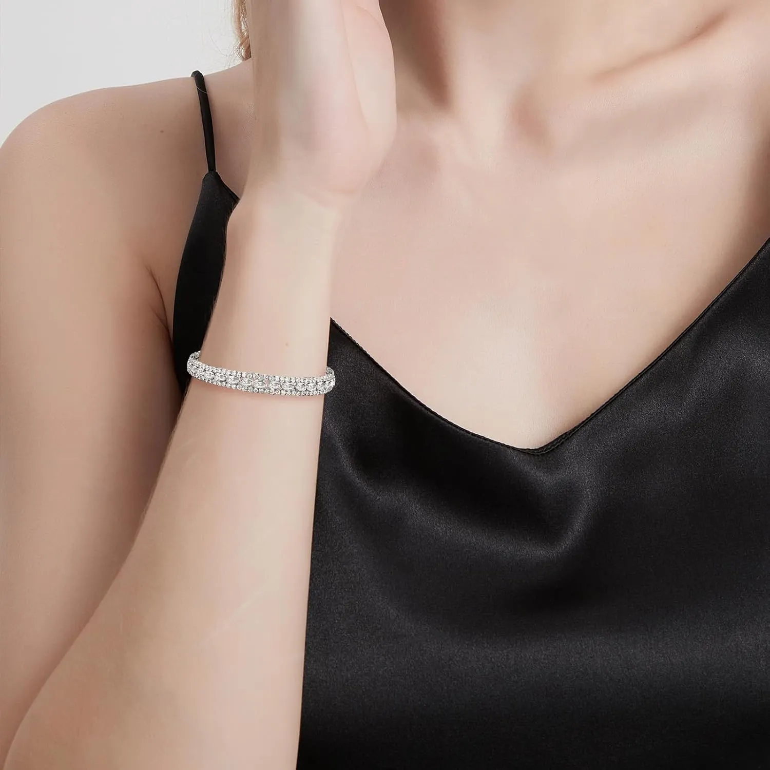 AiliFe Cubic Zirconia Cuff Bracelet for Women and Teenager, 3 Row Rhinestone Bracelet | Open CZ Diamond Bangle