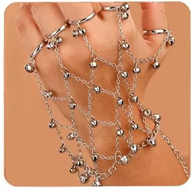Aimimier Boho Silver Bells Link Hand Chain with 5 Finger Rings Net Bracelet Hand Harness Slave Chain Belly Dance Wrist Bracelets Accessory for Women