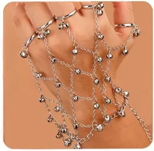 Aimimier Boho Silver Bells Link Hand Chain with 5 Finger Rings Net Bracelet Hand Harness Slave Chain Belly Dance Wrist Bracelets Accessory for Women