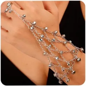 Aimimier Boho Silver Bells Link Hand Chain with Finger Ring Metal Hand Harness Slave Chain Belly Dance Bridal Prom Wrist Bracelets Accessory for Women