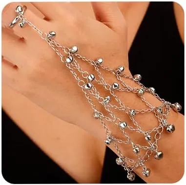 Aimimier Boho Silver Bells Link Hand Chain with Finger Ring Metal Hand Harness Slave Chain Belly Dance Bridal Prom Wrist Bracelets Accessory for Women