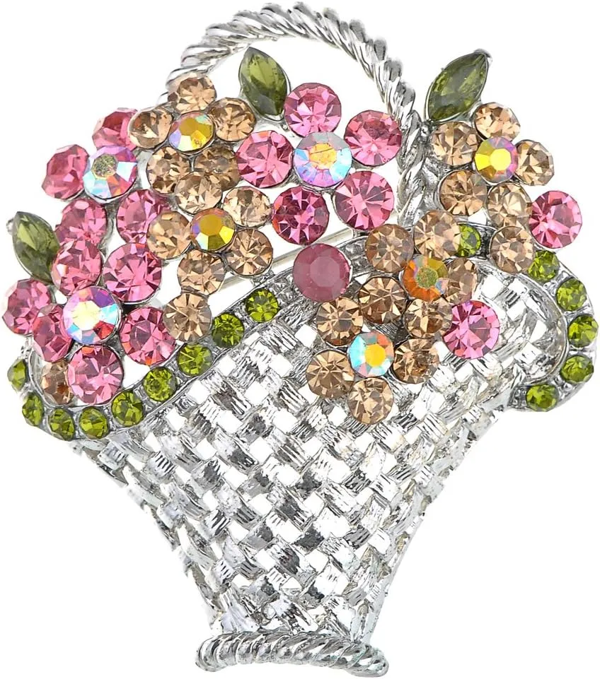 Alilang Silvery Tone Shine Colorful Rhinestones Spring Floral Basket Brooch Pin