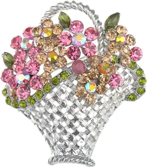 Alilang Silvery Tone Shine Colorful Rhinestones Spring Floral Basket Brooch Pin