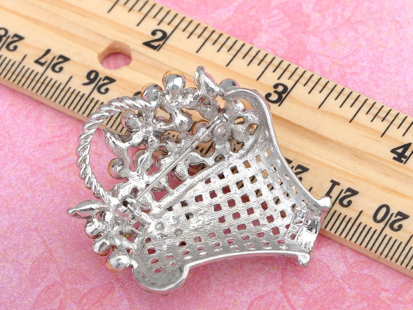 Alilang Silvery Tone Shine Colorful Rhinestones Spring Floral Basket Brooch Pin