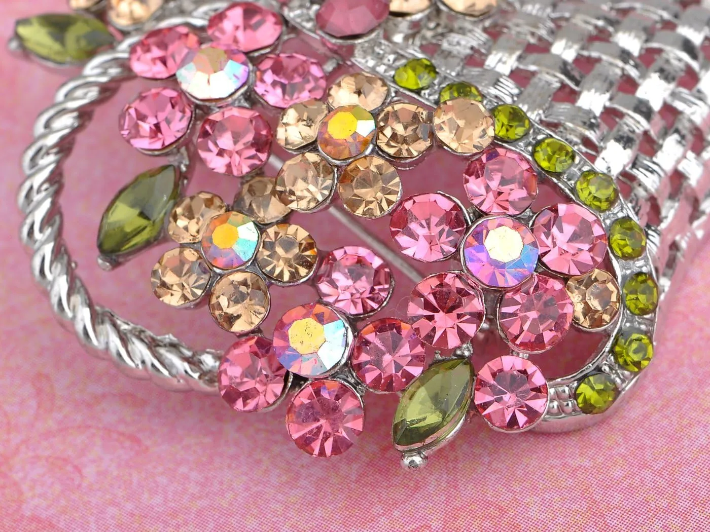 Alilang Silvery Tone Shine Colorful Rhinestones Spring Floral Basket Brooch Pin